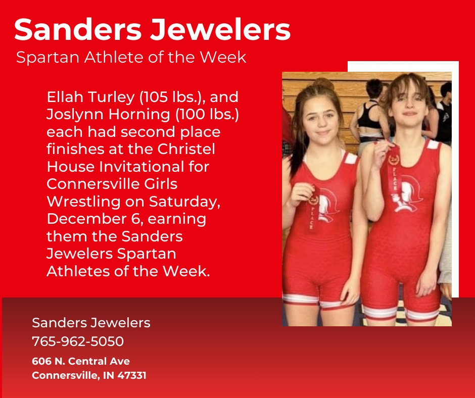Ellah Turley and Joslynn Horning of Connersville High School earn second place at the Christel House Invitational and are named Sanders Jewelers Spartan Athletes of the Week