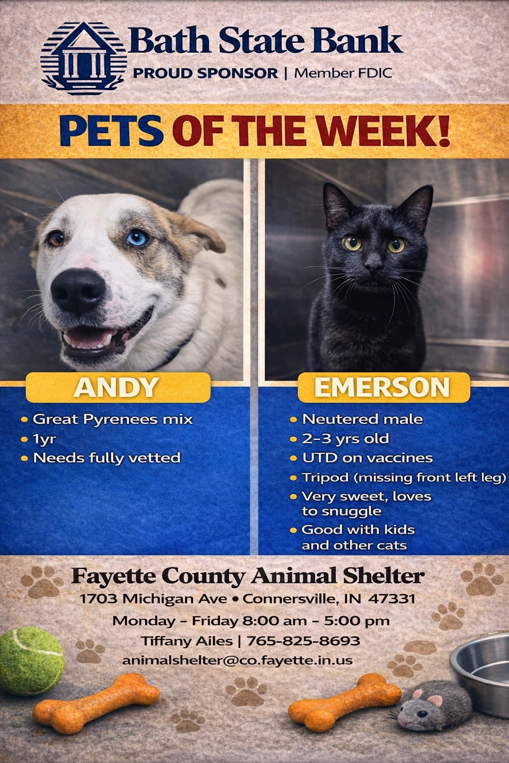 Promotional “Pets of the Week” graphic sponsored by Bath State Bank. Includes a photo of Andy, a Great Pyrenees mix, and Emerson, a black cat tripod, with adoption details and Fayette County Animal Shelter contact information.