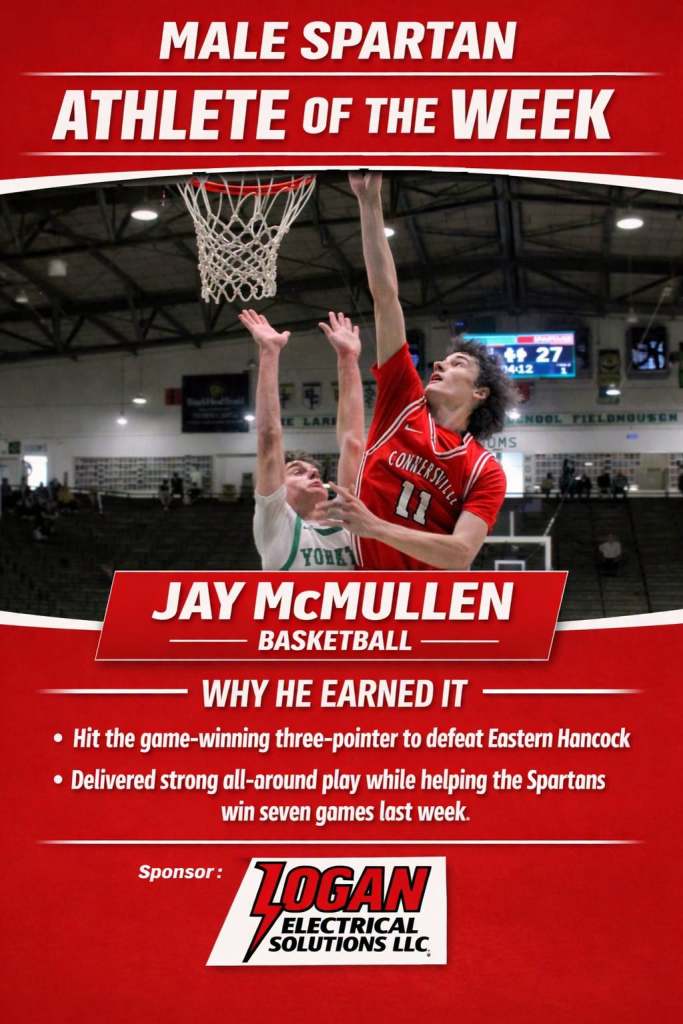 Graphic announcing Jay McMullen as 'Male Spartan Athlete of the Week' for basketball, highlighting his game-winning three-pointer and strong performance in recent games.